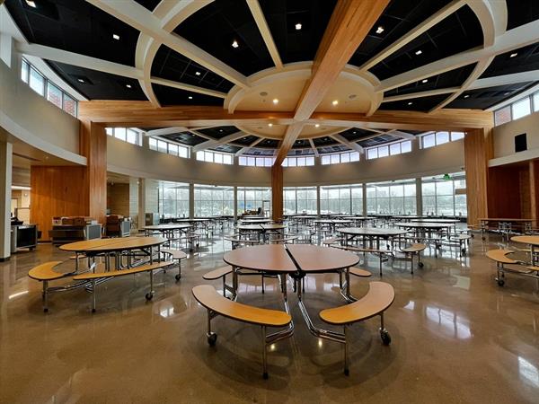The completed cafeteria and kitchen spaces, also known as the Circle Space 